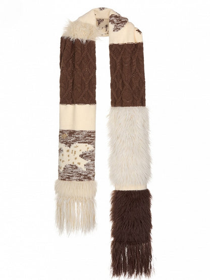 Brown Scarf Whimsical Beige Swallow and with Patchwork Knit Horse Patterns