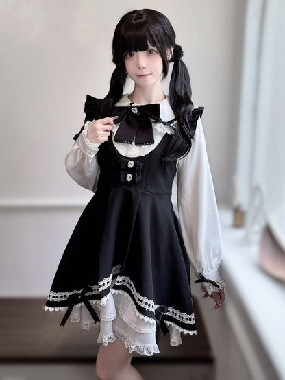 Schwarzer Jirai Kei-Stufenrock mit Schleifen am Saum des Kleides