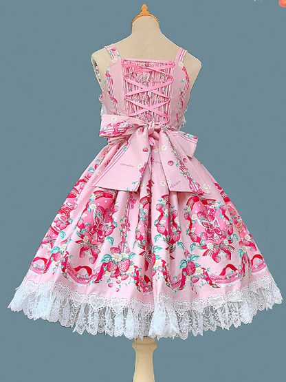 Print Trim Lace shaped Lolita Heart Dress with Sweet Pink JSK Strawberry
