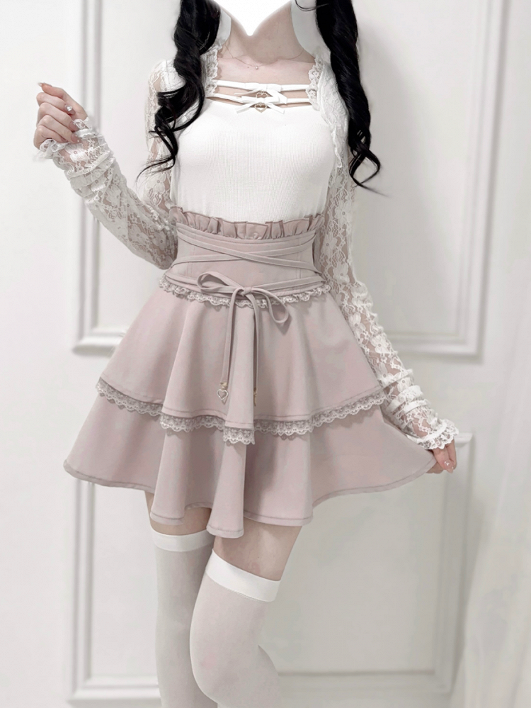 Ruffled High Tie and Black/Dusty Design Detail Pink/White in Corset Waist Skirt Double-Layer