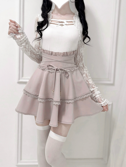Ruffled High Tie and Black/Dusty Design Detail Pink/White in Corset Waist Skirt Double-Layer