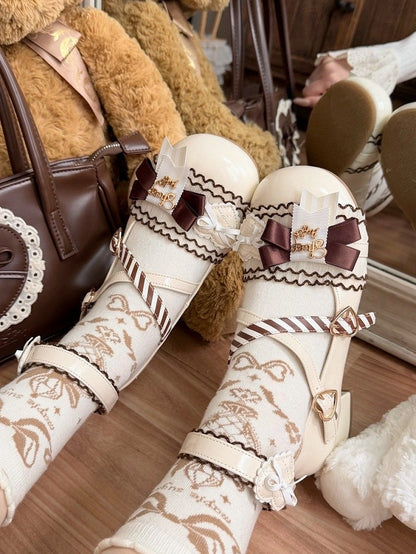 - Beige PU Lolita Mary Accents Sweet Janes Bow Low-heel