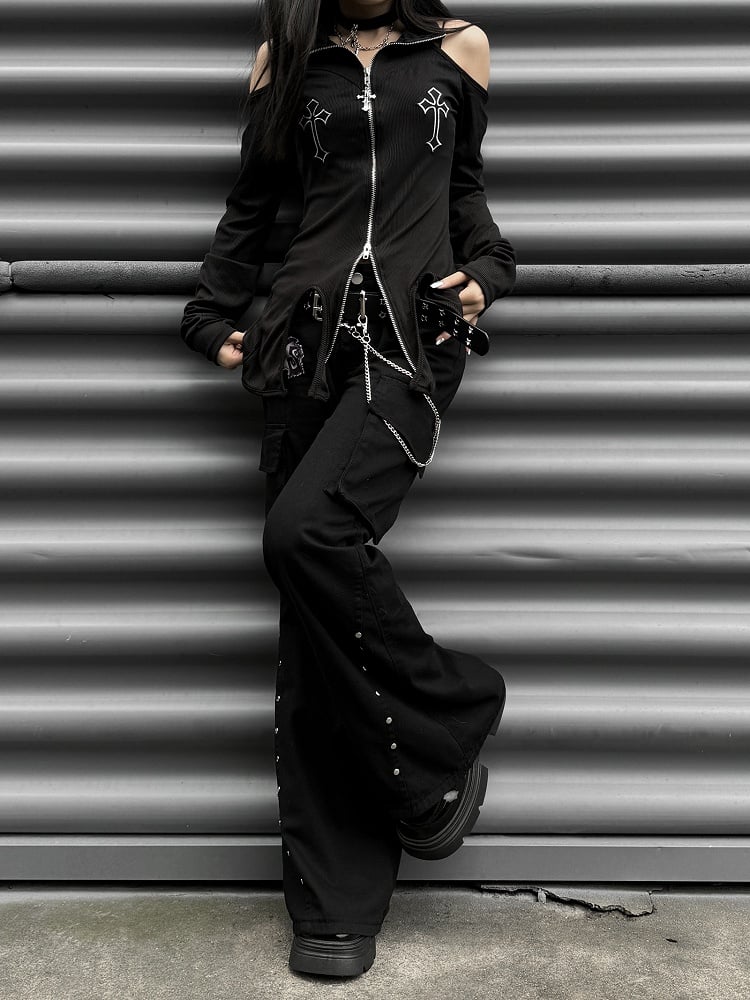 Punk Black Letter Patch Cargo Pockets Low Waist Fishtail Pants mit Gürtel