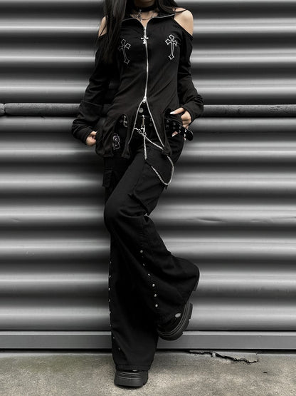 Punk Black Letter Patch Cargo Pockets Low Waist Fishtail Pants mit Gürtel