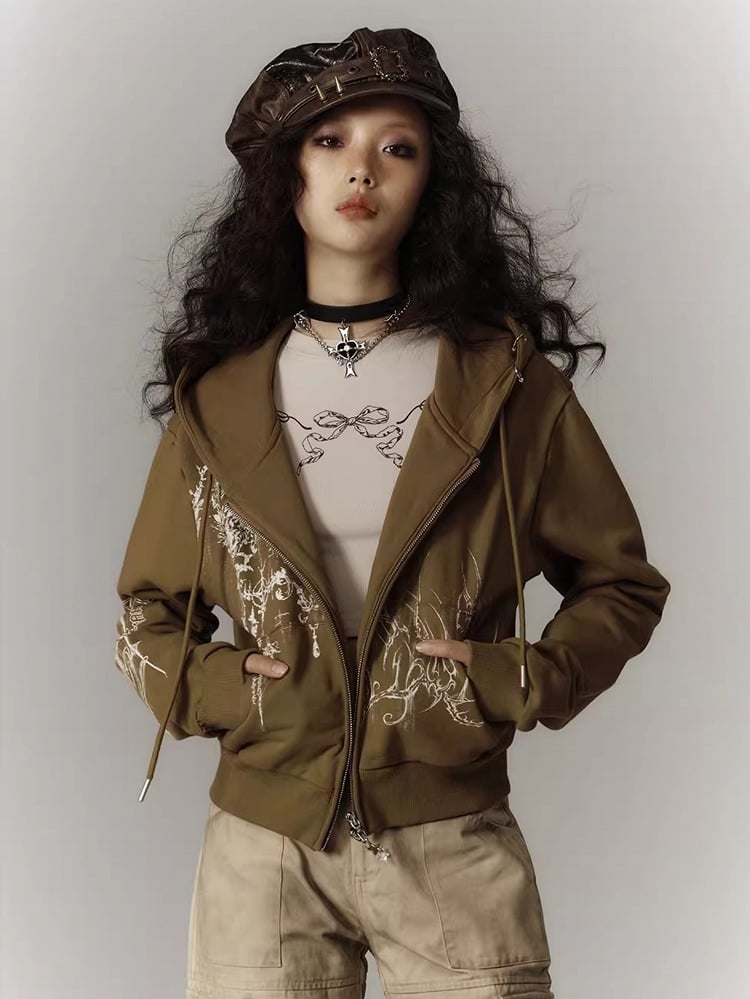 Zwei-Wege-Knopfleiste und Kordelzug Kapuze Leichte Reißverschluss-Kapuzenjacke mit Grün / Grau