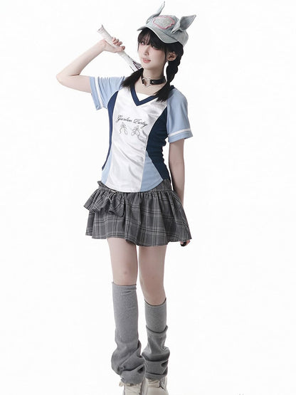 Blue Colorblock Design Blokette Core V-neck T-shirt