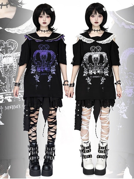 with Purple Crown White and Print Shoulders - Cutout / T-Shirt Collar Black Beaded Sailor