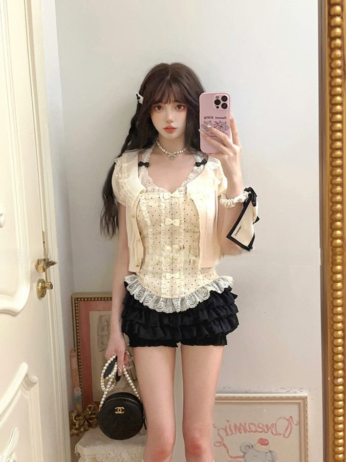 With White Chiffon Creamy Black Polka-dot Pattern Bustier