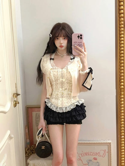 With White Chiffon Creamy Black Polka-dot Pattern Bustier