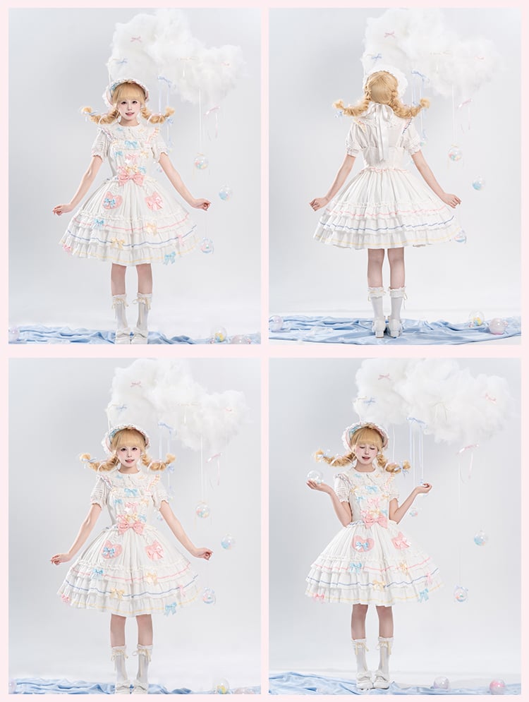 Macaron Farbe Bowknots Weiß JSK Ärmeln Tiered Sweet Lolita Kleid Flatterrock