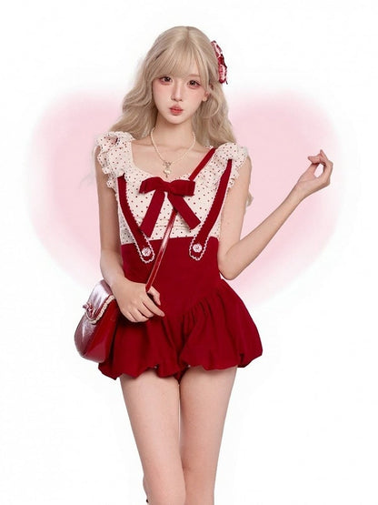 Salopette Short Bulle Rouge Dentelle - Sérénité