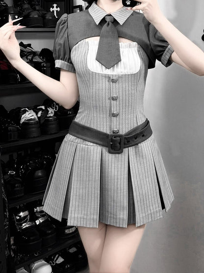Gray Striped Jirai Kei Set: Cropped Top, Camisole Dress, Belt, Tie - Ekomi