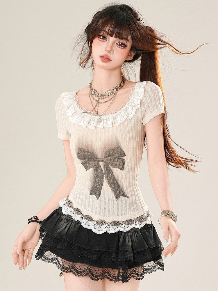 トリムTシャツ プリント 蝶結び デイリー レース かわいい ベージュ ニット