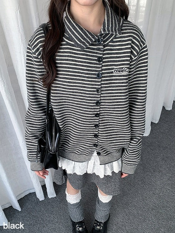 Black White Striped Asymmetrical Cardigan - Solkatt