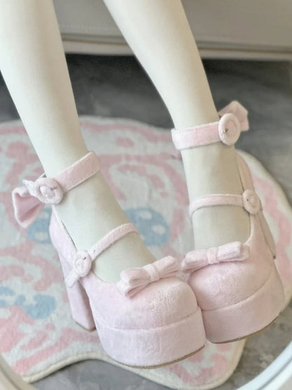 Shoes Velvet Clasp with Elegant Detachable Circle Lolita Bow Pink
