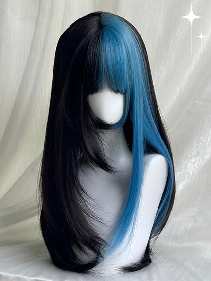 With Black Blue Hair Y2K 65cm and Highlight Straight Wigs Color