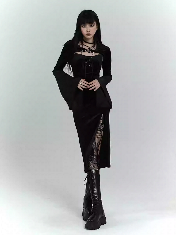 Gothic Black Velvet Side Slit Slip Dress with Bell Sleeves Hooded Top Set