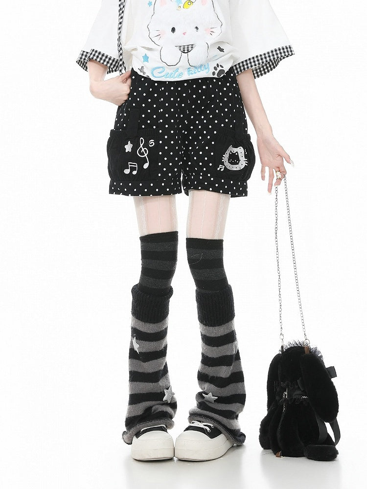 Black Polka Dot Shorts with Kitty & Music Embroidery - Languid Park