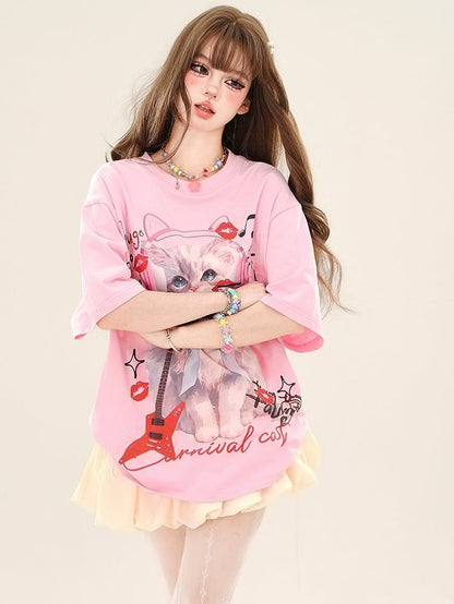 アプリコット/ピンクのスウィートキャットルーズTシャツ