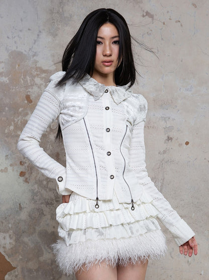 Collar Punk White Blouse Puff Zippers Front Ruffled Side with Textured