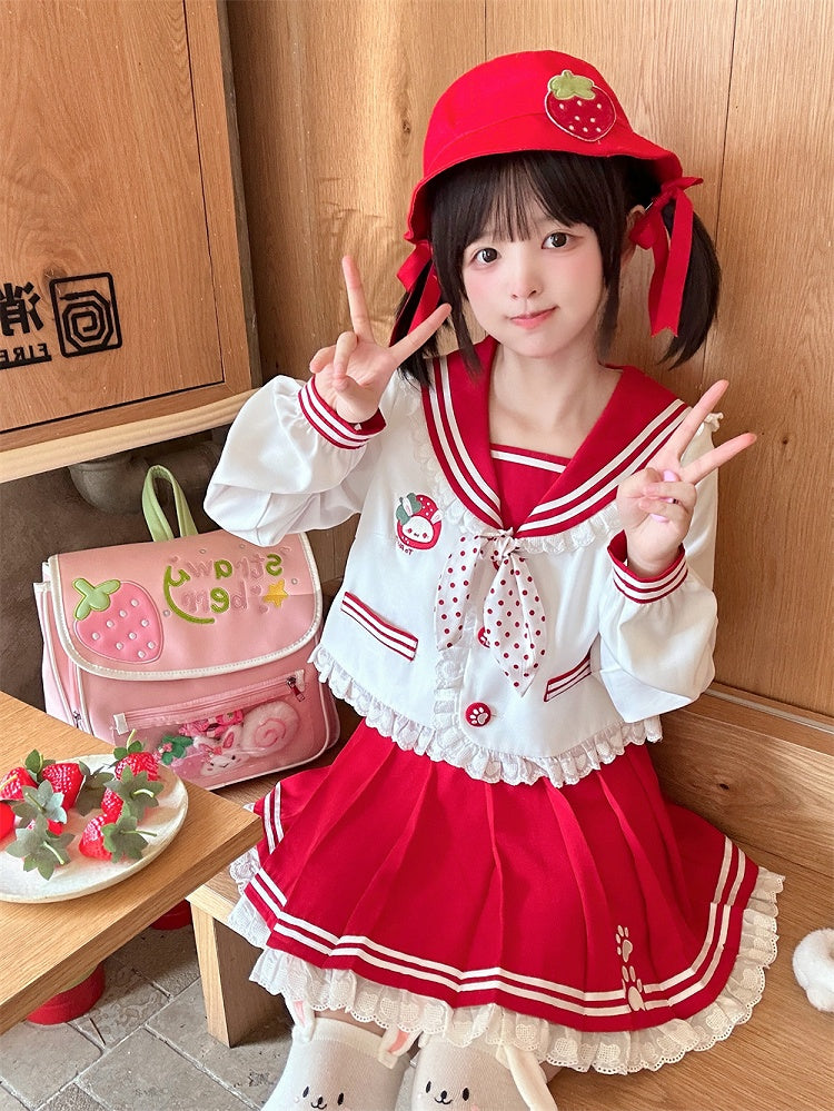 Pink/Wine Ruffled Sailor Collar Bunny Ears Design Back Red JK Uniform Top Light