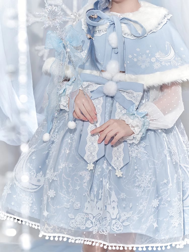 Set Overlay Purple Castle Print Trim Moon Cape Snow with Skirt Plush Light Lace Dress Lolita Jumper