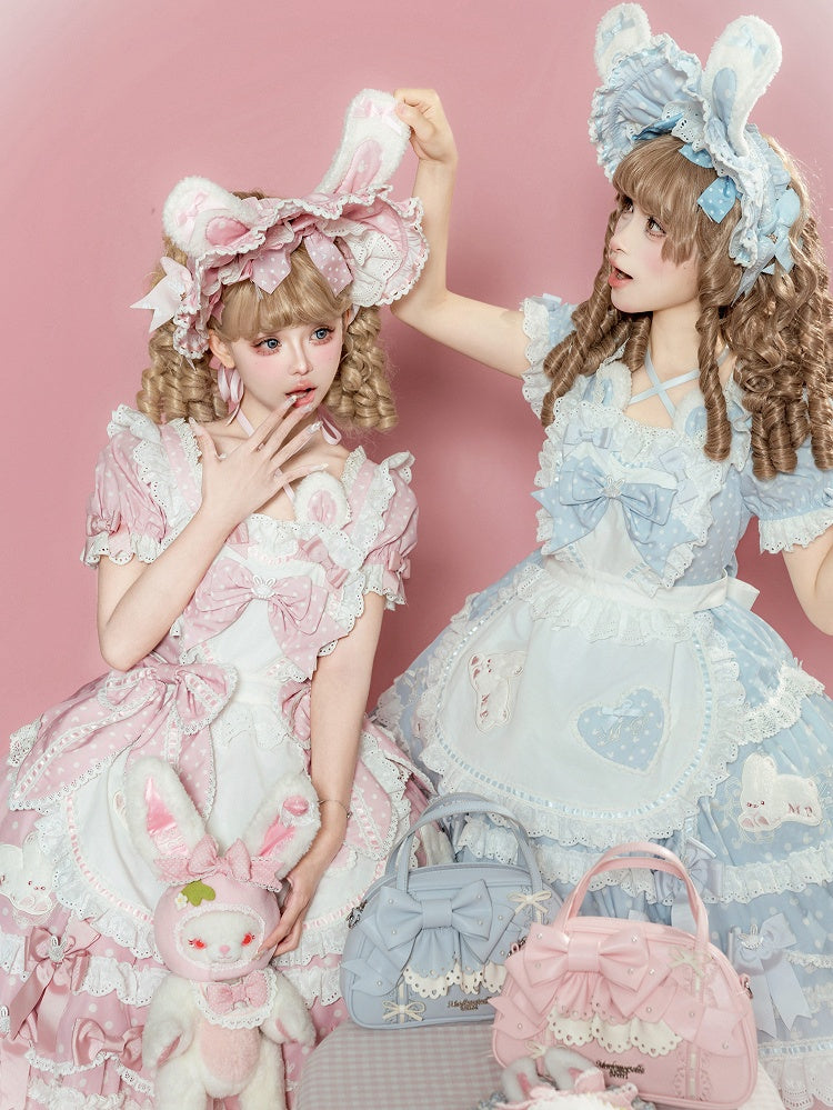 Süße herzförmige schwarze Lolita-Schleifen-Schürze, blau-rotes Mieder/rosa verziert