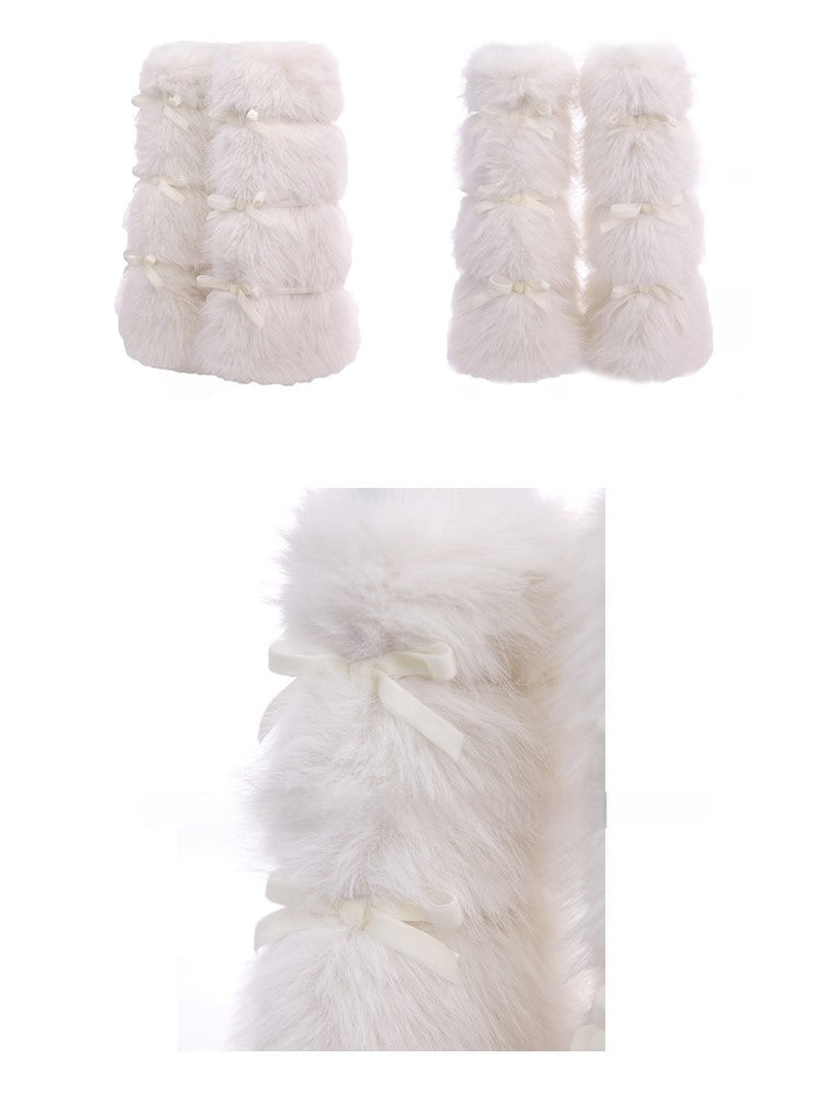 With Details Bow Elegant Fur White Faux Leg Warmers