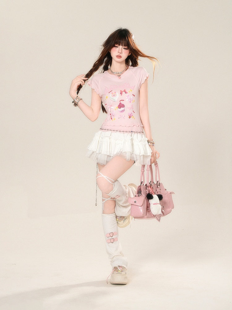 Glamorous Dessert Print Ruffled T-shirt Sweet Trim Pink/Apricot