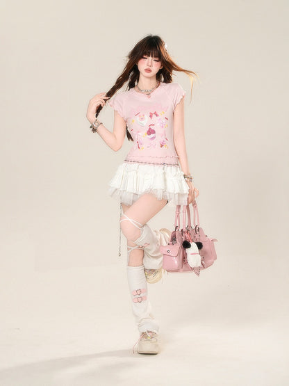 Glamorous Dessert Print Ruffled T-shirt Sweet Trim Pink/Apricot