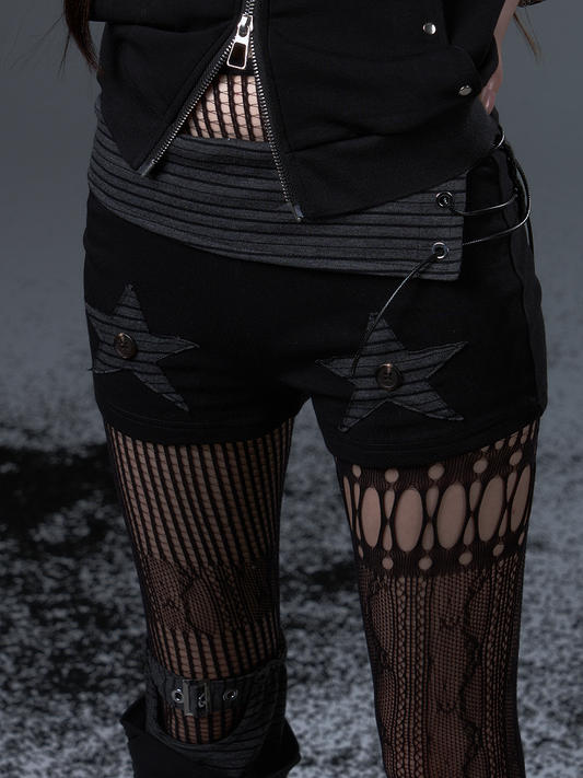 Low-Rise Black Punk Knit Shorts With Vintage Star Stripes  Hand-Sewn Details