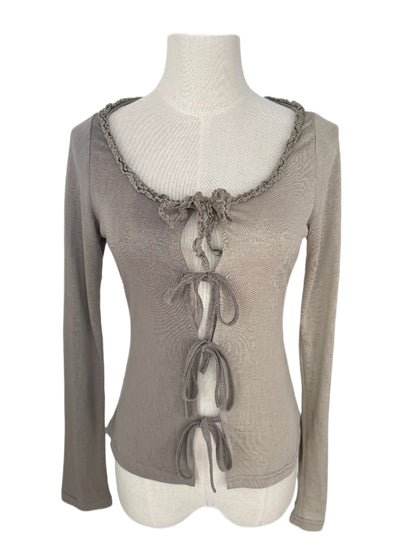 Sleeves Long with Tie-Front Gray Cardigan Colorblock