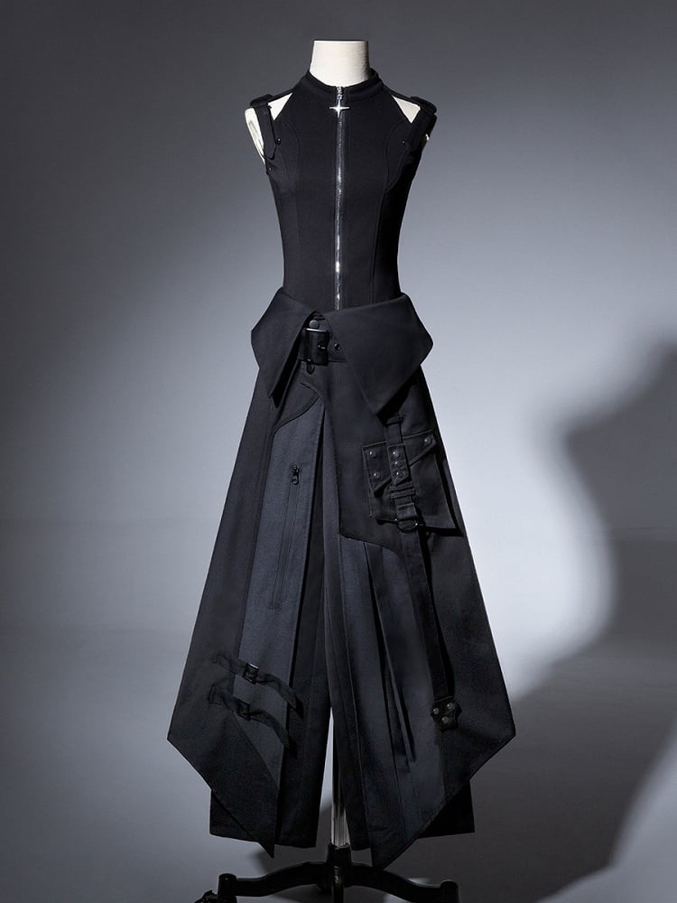 Schwarzes, ärmelloses Ouji Techwear-Oberteil mit All-Full-Fashion-Print – Gothic-Set