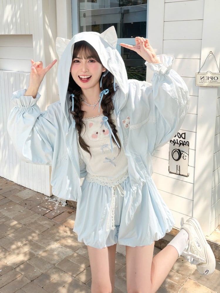 かわいいフード付きレースリボン日焼け防止ジャケットブルー猫耳デザイン夢