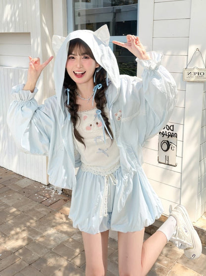 かわいいフード付きレースリボン日焼け防止ジャケットブルー猫耳デザイン夢