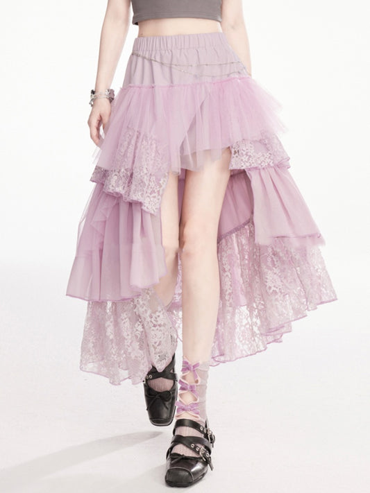 ハイローティアードスカート ラベンダー 伸縮性ウエスト レーストリム