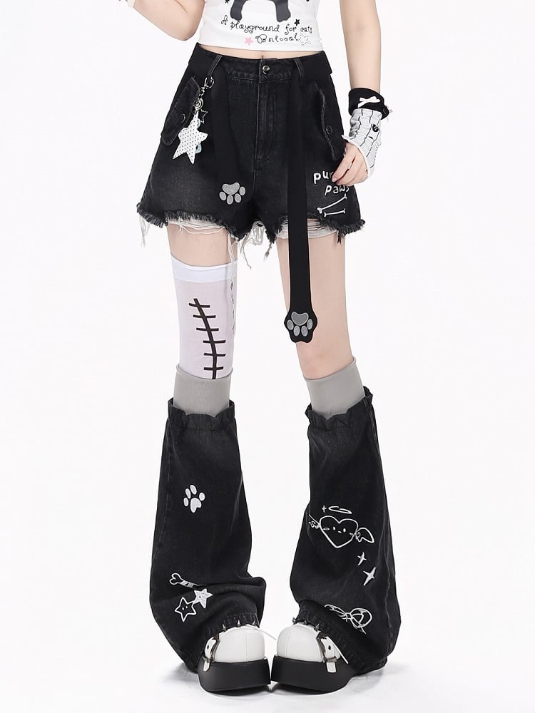 Black Distressed Denim Set with Cat Paw Belt - CRAZY GIRL