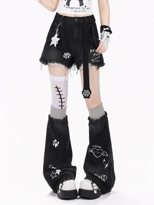 Ensemble en jean noir vieilli avec ceinture patte de chat - CRAZY GIRL