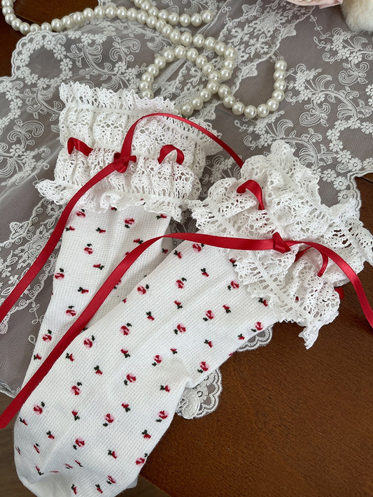 Socks Lolita WhiteRed Trim Print Lace Floral