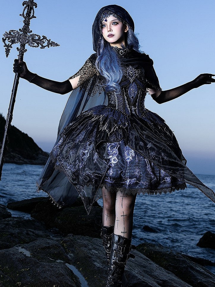 Black & Blue Bone Dragon Embroidery Halter Neck Gothic Lolita Dress Set - Ying Luo Fu