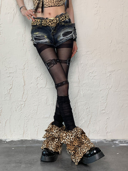 Black Punk Buckle Print Tights Leopard Leg Warmers Set