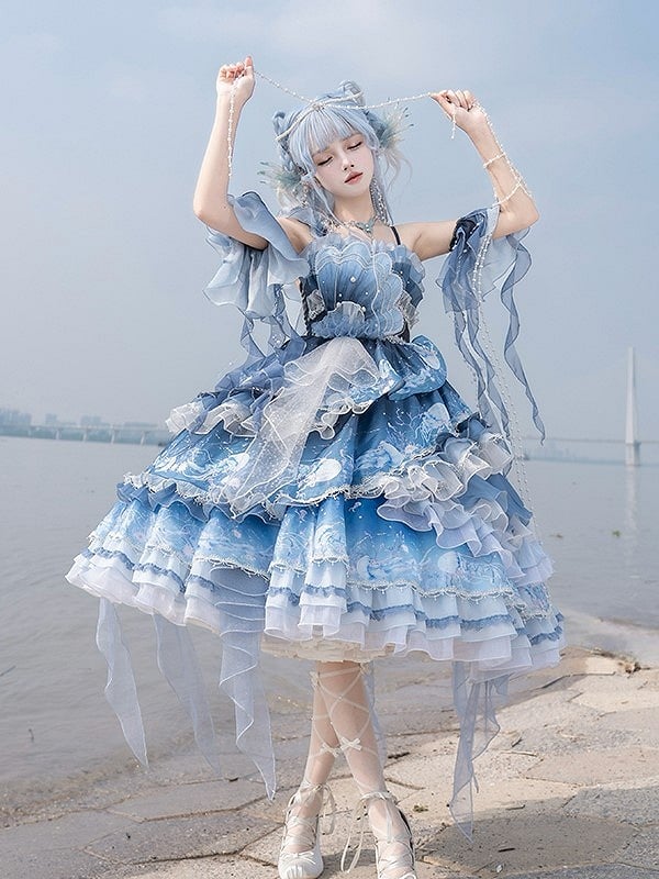 Ruffles Accents Lolita Jellyfish-Inspired Blue Full Set Dress and Bead Gradient with Layered