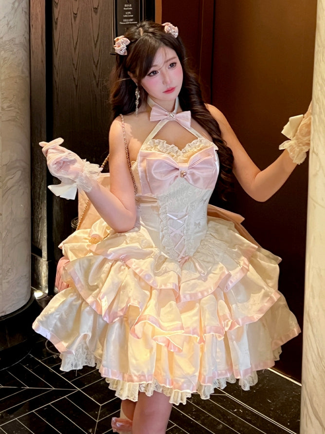 クリーミーな蝶結び生地のティアードパフィースカート、ホルターネック、バースデーコルセットドレス