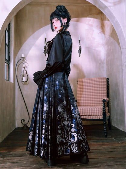 Luxury Silver Thread Brocade Mamian Skirt Featuring Blue Tears Jellyfish Marine Motif - Quirky Hut