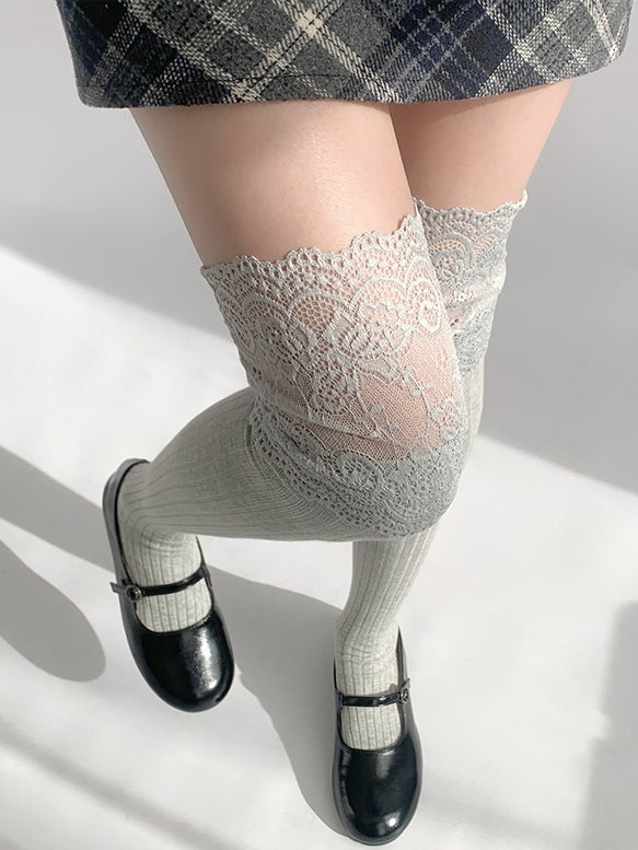 Spitzenstrümpfe mit Overknee-Besatz in Grau/Beige/Hellgrau/Weiß/Schwarz/Dunkel