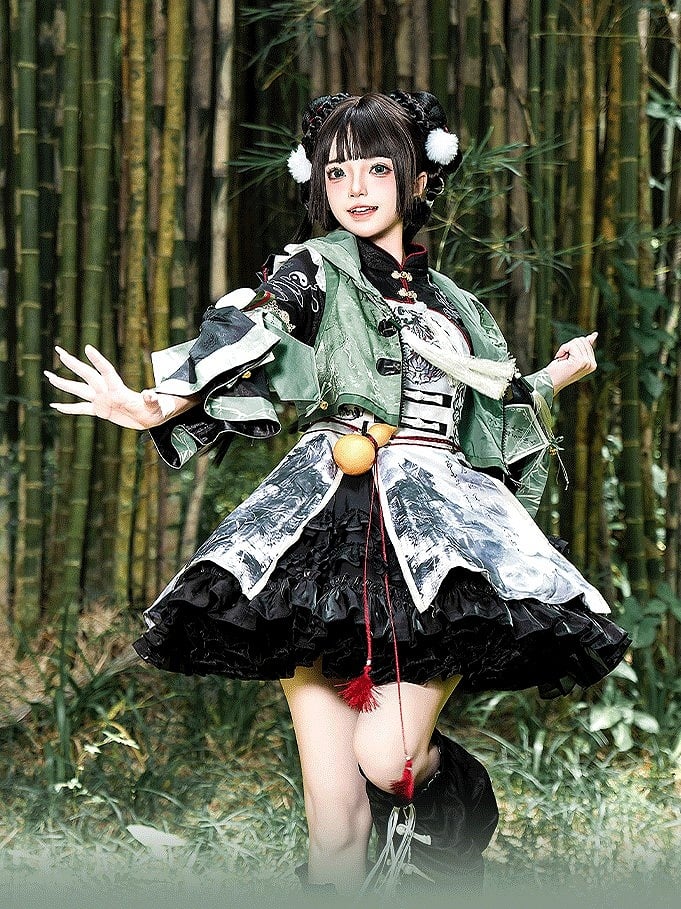 Tassels Lolita Bell Dress with Sleeves Ink-Painting and Black White Style