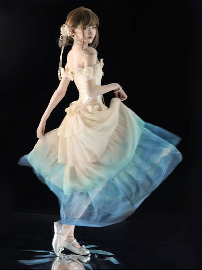 Lolita Wave-Inspired Beige Skirt Blue to Tulle Gradient Multi-Layered