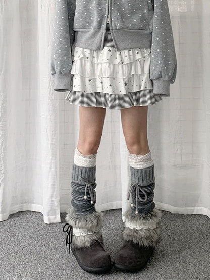 Beige Layered Ruffle Skirt with Star and Stripe Pattern - Solkatt