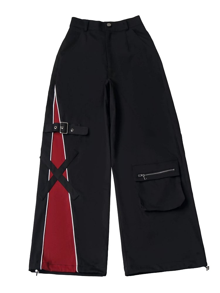 Asymmetric Straight-Leg Moto Pants in Black & Red with 3D Pocket - PINK SAVIOR