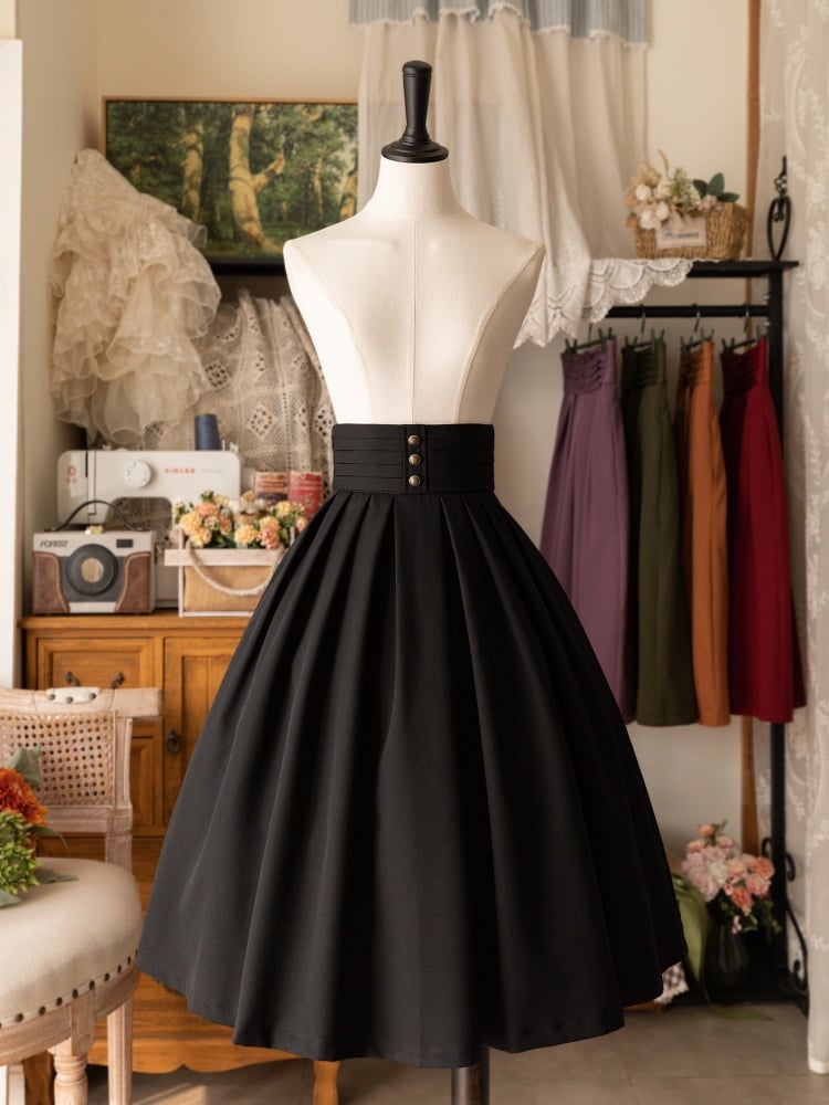 Classic Lolita High-Waisted Pleated Midi Skirt in Black